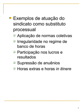 Exemplos de atuação do sindicato como substituto processual Aplicação de normas coletivas Irregularidade no regime de banco de horas Participação nos lucros e resultados Supressão de anuênios Horas extras e horas  in itinere 