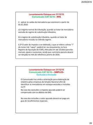 20/09/2016
28
II - aplicar às saídas da mercadoria que ocorrerem a partir de
01.01.2016:
a) o regime normal de tributação, quando se tratar de mercadoria
excluída do regime de substituição tributária;
b) o regime de substituição tributária, quando se tratar de
mercadoria incluída no referido regime.
§ 2º O valor do imposto a ser debitado, a que se refere a alínea "i"
do inciso I do "caput", poderá ter seu lançamento, no livro
Registro de Apuração do ICMS, efetuado em até 10 (dez) parcelas
mensais, iguais e sucessivas, sendo que a primeira parcela deverá
ser lançada no mês de referência janeiro de 2016.
Levantamento Estoque em 31/12/15
Comunicado CAT 02/16 - RPA
O Comunicado traz ainda a orientação para elaboração de
relatório pelas empresas do Simples Nacional afim de
identificar as mercadorias em estoque excluídas e incluídas
na ST.
No caso das exclusões o imposto apurado poderá ser
compensado com os débitos do DAS.
No caso das inclusões o valor apurado deverá ser pago em
guia de recolhimentos especiais.
Levantamento Estoque em 31/12/15
Comunicado CAT 02/16 – SIMPLES-
Exclusão e Inclusão
 