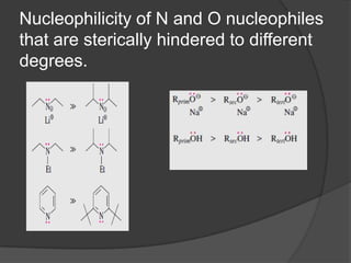 Nucleophilicity of N and O nucleophiles
that are sterically hindered to different
degrees.
 