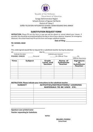 Republic of the Phillipines
Department of Education
Caraga Administrative Region
Schools Division of Agusan Del Norte
District of Tubay 2
DOÑA TELESFORA INTEGRATED SCHOOL-DONA ROSARIO NHS-ANNEX
S.Y.2023- 2024
lOMoAR cPSD|16472497
SUBSTITUTION REQUEST FORM
INSTRUCTION: Please fill out this form in case you will be absent or cannot attend your classes. If
possible, this should be accomplished before the day or time of your absence. However, for emergency
absences, the school head may fill out this form and assign substitute teacher.
Date of Filing: _________________
TO: SCHOOL HEAD
Sir:
The undersigned would like to request for a substitute teacher during my absence
on _____________________ due to___________________________.
(indicate the date) (indicate your reasons)
INSTRUCTION: Please indicate your instructions to the substitute teacher.
Signature over printed name
Teacher requesting for Substitute.
NOTED:
WILLIAM E. FELISIDLA
School Head
____________________________________
 