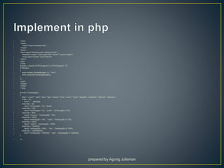 • <html>
• <head>
• <title>Fungsi terbilang</title>
• </head>
• <body>
• <form action="terbilang.php" method="post">
• Masukkan angka: <input type="text" value="" name="angka">
• <input type="submit" value="Send">
• </form>
• <pre>
• <?php
• $angka = isset($_POST['angka']) ? $_POST['angka'] : "0";
• if ($angka)
• {
• echo number_format($angka, 0) . "<br>";
• echo ucwords(Terbilang($angka));
• }
• ?>
• </pre>
• </body>
• </html>
• <?php
• function Terbilang($x)
• {
• $abil = array("", "satu", "dua", "tiga", "empat", "lima", "enam", "tujuh", "delapan", "sembilan", "sepuluh", "sebelas");
• if ($x < 12)
• return " " . $abil[$x];
• elseif ($x < 20)
• return Terbilang($x - 10) . "belas";
• elseif ($x < 100)
• return Terbilang($x / 10) . " puluh" . Terbilang($x % 10);
• elseif ($x < 200)
• return " seratus" . Terbilang($x - 100);
• elseif ($x < 1000)
• return Terbilang($x / 100) . " ratus" . Terbilang($x % 100);
• elseif ($x < 2000)
• return " seribu" . Terbilang($x - 1000);
• elseif ($x < 1000000)
• return Terbilang($x / 1000) . " ribu" . Terbilang($x % 1000);
• elseif ($x < 1000000000)
• return Terbilang($x / 1000000) . " juta" . Terbilang($x % 1000000);
• }
• ?>
prepared by Agung Julisman
 