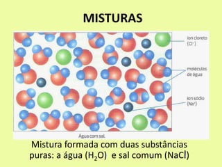MISTURAS
Mistura formada com duas substâncias
puras: a água (H2O) e sal comum (NaCl)
 
