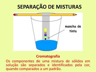 SEPARAÇÃO DE MISTURAS
Cromatografia
Os componentes de uma mistura de sólidos em
solução são separados e identificados pela cor,
quando comparados a um padrão.
 