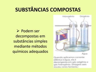 SUBSTÂNCIAS COMPOSTAS
 Podem ser
decompostas em
substâncias simples
mediante métodos
químicos adequados
 