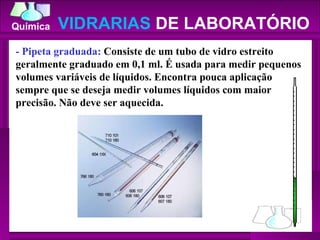 - Pipeta graduada:  Consiste de um tubo de vidro estreito geralmente graduado em 0,1 ml. É usada para medir pequenos volumes variáveis de líquidos. Encontra pouca aplicação sempre que se deseja medir volumes líquidos com maior precisão. Não deve ser aquecida.  VIDRARIAS  DE LABORATÓRIO 