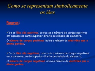 Como se representam simbolicamente
os iões
Regras:
Se os iões são positivos, coloca-se o número de cargas positivas
em excesso no canto superior direito do símbolo do elemento.
O número de cargas positivas indica o número de electrões que o
átomo perdeu.
Se os iões são negativos, coloca-se o número de cargas negativas
em excesso no canto superior direito do símbolo do elemento.
O número de cargas negativas indica o número de electrões que o
átomo ganhou.
 