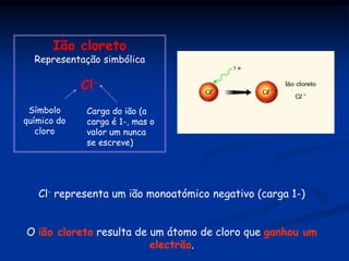 Ião cloreto
Representação simbólica
Cl-
Símbolo
químico do
cloro
Carga do ião (a
carga é 1-, mas o
valor um nunca
se escreve)
Cl- representa um ião monoatómico negativo (carga 1-)
O ião cloreto resulta de um átomo de cloro que ganhou um
electrão.
 