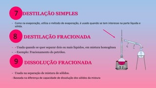DESTILAÇÃO SIMPLES
- Como na evaporação, utiliza o método de evaporação, é usado quando se tem interesse na parte líquida e
sólida.
- DESTILAÇÃO FRACIONADA
- - Usada quando se quer separar dois ou mais líquidos, em mistura homogênea
- - Exemplo: Fracionamento do petróleo.
- DISSOLUÇÃO FRACIONADA
- Usada na separação de mistura de sólidos.
- Baseada na diferença de capacidade de dissolução dos sólidos da mistura
7
8
9
 