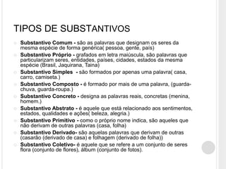 TIPOS DE SUBSTANTIVOS
 Substantivo Comum - são as palavras que designam os seres da
mesma espécie de forma genérica( pessoa, gente, país)
 Substantivo Próprio - grafados em letra maiúscula, são palavras que
particularizam seres, entidades, países, cidades, estados da mesma
espécie (Brasil, Jaquirana, Taina)
 Substantivo Simples - são formados por apenas uma palavra( casa,
carro, camiseta.)
 Substantivo Composto - é formado por mais de uma palavra, (guarda-
chuva, guarda-roupa.)
 Substantivo Concreto - designa as palavras reais, concretas (menina,
homem.)
 Substantivo Abstrato - é aquele que está relacionado aos sentimentos,
estados, qualidades e ações( beleza, alegria.)
 Substantivo Primitivo - como o próprio nome indica, são aqueles que
não derivam de outras palavras (casa, folha)
 Substantivo Derivado- são aquelas palavras que derivam de outras
(casarão (derivado de casa) e folhagem (derivado de folha))
 Substantivo Coletivo- é aquele que se refere a um conjunto de seres
flora (conjunto de flores), álbum (conjunto de fotos).
 