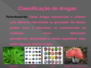 Classificação de drogas:Perturbadoras: Estas drogas transtornam o cérebro com diferente intensidade ou gravidade. Os efeitos podem levar a alterações na compreensão da realidade, como distorções perceptíveis, alucinações e visões esquisitas. Aqui estão algumas destas drogas:CannabisEctasyLSDFungos alucinogénicos