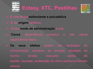         Ectasy, XTC, PastilhasÉ uma droga estimulante e psicadélica. É de origem sintética. O seu modo de administração é oral.Causa dependência psíquica e não causa dependência física. Os seus efeitos podem ser facilidade de comunicação, aumento da energia, elevação do humor, tensão muscular, perda de apetite, náuseas, aceleração do ritmo cardíaco e tensão arterial.
