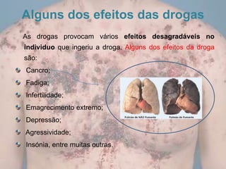 Causas do Consumo de Drogas    São várias as causas que levam os jovens e os adultos a consumir drogas, tais como:   problemas familiares;a pressão de grupo (uma das principais causas que levam ao consumo de drogas);falta de comunicação entre pais e filhos leva ao isolamento dos jovens e até dos adultos;a curiosidade e o prazer do risco; Insucesso escolar ou insucesso no trabalho que desempenha.