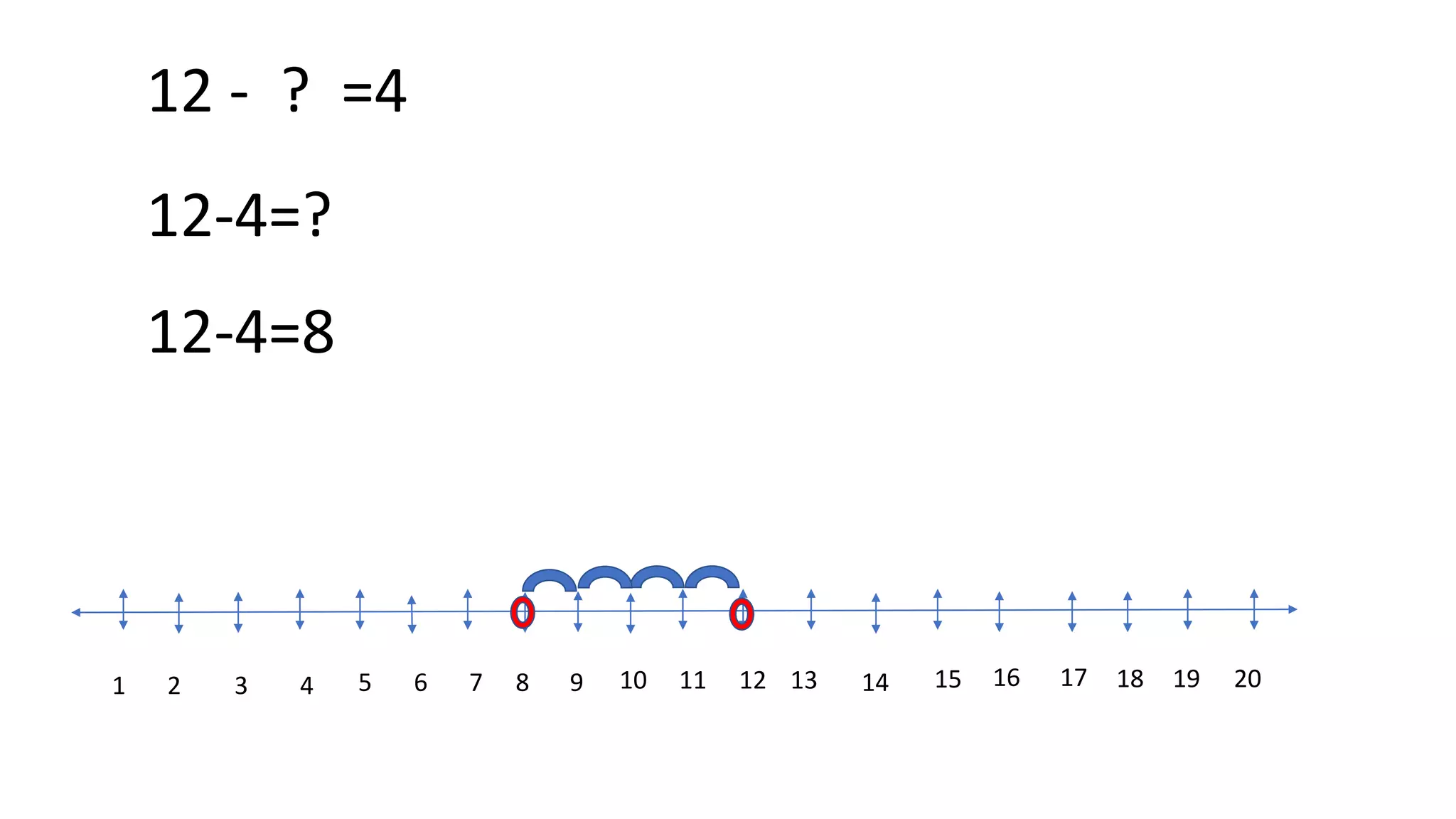 12 - ? =4
1 2 43 5 6 7 8 9 10 11 12 13 14 15 16 17 18 19 20
12-4=?
12-4=8
 