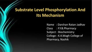 Substrate Level Phosphorylation And
Its Mechanism
Name : Darshan Ratan Jadhav
Class : F.Y.B.Pharmacy
Subject : Biochemistry
College : K.K.Wagh College of
Pharmacy, Nashik
 