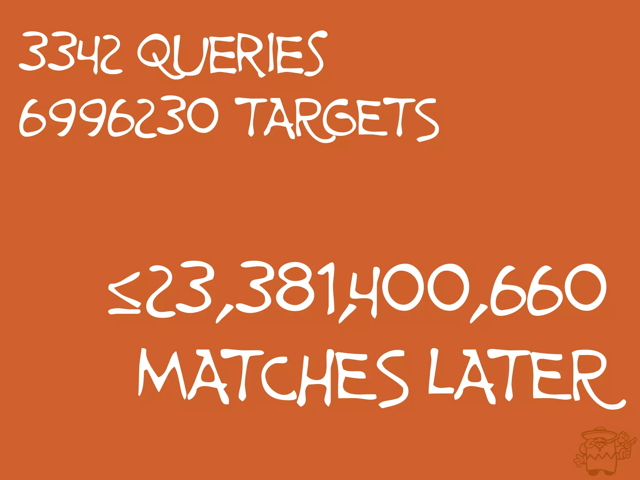 3342 Queries
6996230 TARGETS
≤23,381,400,660
MATCHES LATER
 