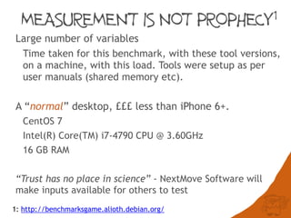MEASUREMENT IS NOT PROPHECY1
Large number of variables
Time taken for this benchmark, with these tool versions,
on a machine, with this load. Tools were setup as per
user manuals (shared memory etc).
A “normal” desktop, £££ less than iPhone 6+.
CentOS 7
Intel(R) Core(TM) i7-4790 CPU @ 3.60GHz
16 GB RAM
“Trust has no place in science” - NextMove Software will
make inputs available for others to test
1: http://benchmarksgame.alioth.debian.org/
 