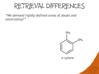 RETRIEVAL DIFFERENCES
“We demand rigidly defined areas of doubt and
uncertainty!”
CH3
CH3
o-xylene
 