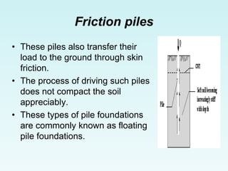 Friction piles
• These piles also transfer their
load to the ground through skin
friction.
• The process of driving such piles
does not compact the soil
appreciably.
• These types of pile foundations
are commonly known as floating
pile foundations.
 