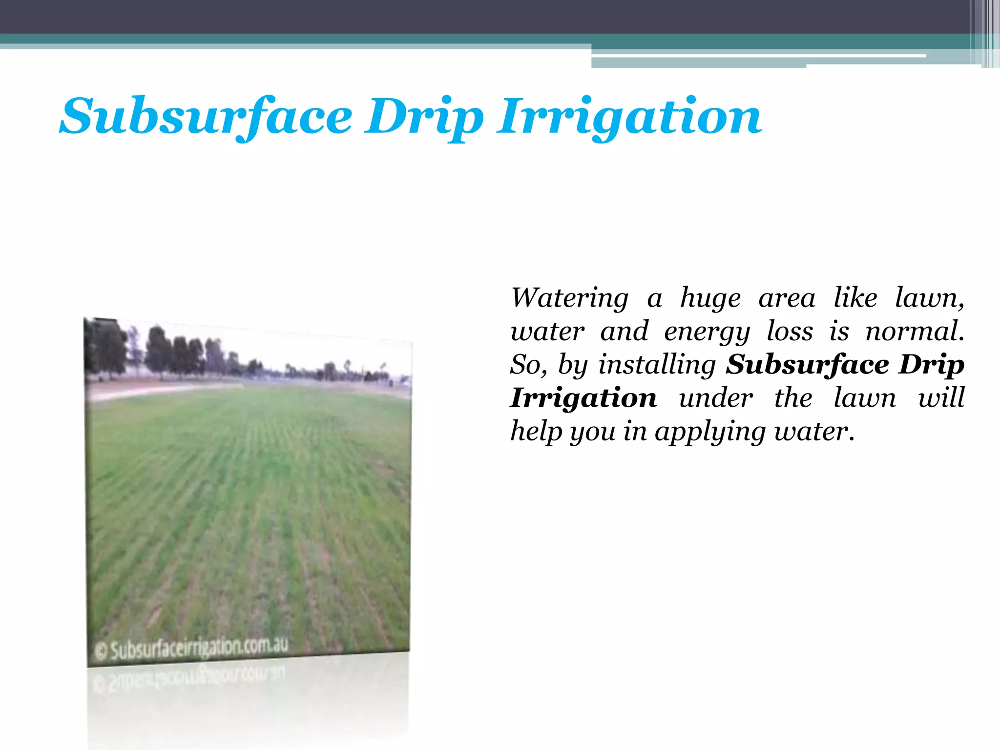 Subsurface Drip Irrigation
Watering a huge area like lawn,
water and energy loss is normal.
So, by installing Subsurface Drip
Irrigation under the lawn will
help you in applying water.