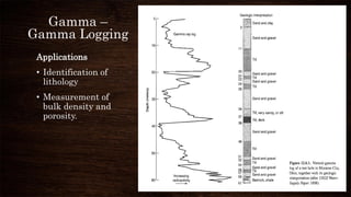 Gamma –
Gamma Logging
Applications
• Identification of
lithology
• Measurement of
bulk density and
porosity.
 