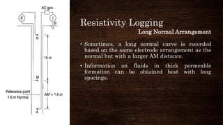 Resistivity Logging
• Sometimes, a long normal curve is recorded
based on the same electrode arrangement as the
normal but with a larger AM distance.
• Information on fluids in thick permeable
formation can be obtained best with long
spacings.
Long Normal Arrangement
 