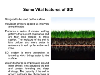 Some Vital features of SDI
Designed to be used on the surface
Individual emitters spaced at intervals
along the pipe
Produces a series of circular wetting
patterns that are not continuous and
are tear drop shaped in cross
section. The moisture of the soil is
less uniform and more water is
necessary to wet up the entire root
zone.
SDI system is more vulnerable to
funneling which brings water to the
surface.
Water discharge is emphasized around
each emitter. This saturates the soil
and causes funneling and deep
drainage. The capacity of the soil to
 