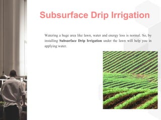 Subsurface Drip Irrigation
Watering a huge area like lawn, water and energy loss is normal. So, by
installing Subsurface Drip Irrigation under the lawn will help you in
applying water.
 