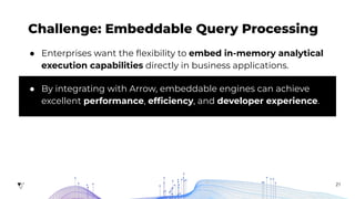 21
Challenge: Embeddable Query Processing
● Enterprises want the ﬂexibility to embed in-memory analytical
execution capabilities directly in business applications.
● By integrating with Arrow, embeddable engines can achieve
excellent performance, efﬁciency, and developer experience.
 