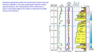 Lithofacies distribution within the cored Level 3 Lower reservoir
interval in Well BE-1. The blue arrows point towards a fining-
upward direction. (For interpretation of the references to
colour in this figure legend, the reader is referred to the Web
version of this article.)
 