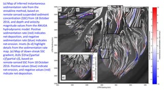 (a) Map of inferred instantaneous
sedimentation rate from the
streakline method, based on
remote‐sensed suspended sediment
concentration (SSC) from 18 October
2016, and depth and velocity
magnitude values from the ANUGA
hydrodynamic model. Positive
sedimentation rate (red) indicates
net‐deposition, and negative
sedimentation rate (blue) indicates
net‐erosion. Insets (b–d) highlight
details from the sedimentation rate
map. (e) Map of down‐streak SSC
gradient, ∂c∂s $frac{partial
c}{partial s}$, based on
remote‐sensed SSC from 18 October
2016. Positive values (blue) indicate
net‐erosion, and negative values (red)
indicate net‐deposition.
 