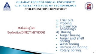 1) Trial pits
2) Probing
3) Subsurface
soundings
4) Boring
 Auger boring
 Auger and shell
boring
 Wash boring
 Percussion boring
 Rotary boring 29
GUJARAT TECHNOLOGICAL UNIVERSITY
A. D. PATEL INSTITUTE OF TECHONOLOGY
CIVIL ENGINEERING DEPARTMENT
 