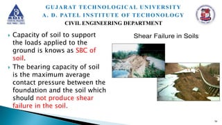  Capacity of soil to support
the loads applied to the
ground is knows as SBC of
soil.
 The bearing capacity of soil
is the maximum average
contact pressure between the
foundation and the soil which
should not produce shear
failure in the soil.
54
GUJARAT TECHNOLOGICAL UNIVERSITY
A. D. PATEL INSTITUTE OF TECHONOLOGY
CIVIL ENGINEERING DEPARTMENT
 