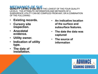 MECHANICS OF SUEQUALITY LEVEL D (QL-D) IS THE LOWEST OF THE FOUR QUALITY
LEVELS. THE ATTRIBUTE INFORMATION AND METADATA OF A
SUBSURFACE UTILITY CAN BE COMPILED FROM ANY, OR A COMBINATION
OF THE FOLLOWING :
• Existing records.
• Cursory site
inspection.
• Anecdotal
evidence.
• Utility owner.
• Indication of utility
type.
• The date of
installation.
• An indicative location
of the surface and
subsurface features.
• The date the data was
captured
• The source of
information
 