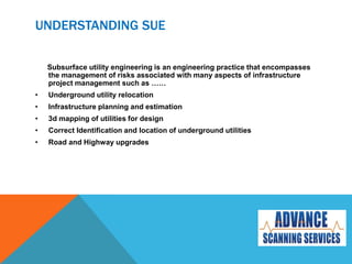 UNDERSTANDING SUE
Subsurface utility engineering is an engineering practice that encompasses
the management of risks associated with many aspects of infrastructure
project management such as ……
• Underground utility relocation
• Infrastructure planning and estimation
• 3d mapping of utilities for design
• Correct Identification and location of underground utilities
• Road and Highway upgrades
 