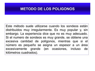 METODO DE LOS POLIGONOS
Este método suele utilizarse cuando los sondeos están
distribuidos muy irregularmente. Es muy popular y, sin
embargo. La experiencia dice que no es muy adecuado.
Si el numero de sondeos es muy grande, se obtiene una
excesiva cantidad de polígonos, mientras que si el
número es pequeño se asigna un espesor a un área
excesivamente grande (en ocasiones, incluso de
kilómetros cuadrados).
 