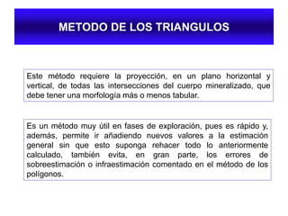 METODO DE LOS TRIANGULOS
Este método requiere la proyección, en un plano horizontal y
vertical, de todas las intersecciones del cuerpo mineralizado, que
debe tener una morfología más o menos tabular.
Es un método muy útil en fases de exploración, pues es rápido y,
además, permite ir añadiendo nuevos valores a la estimación
general sin que esto suponga rehacer todo lo anteriormente
calculado, también evita, en gran parte, los errores de
sobreestimación o infraestimación comentado en el método de los
polígonos.
 