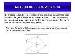 METODO DE LOS TRIANGULOS
El método consiste en ir uniendo los sondeos adyacentes para
obtener triángulos, de tal forma que el resultado final es un conjunto
de triángulos, para cada uno de los cuales se calcula los datos
correspondientes l espesor y ley media.
A la hora de generar triángulos, se debe asegurar que los ángulos
sea lo más cercanos a 60°.
 
