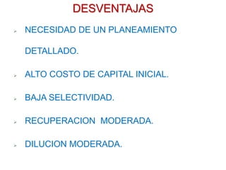DESVENTAJAS
 NECESIDAD DE UN PLANEAMIENTO
DETALLADO.
 ALTO COSTO DE CAPITAL INICIAL.
 BAJA SELECTIVIDAD.
 RECUPERACION MODERADA.
 DILUCION MODERADA.
 