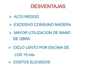 DESVENTAJAS
 ALTO RIESGO
 MAYOR UTILIZACION DE MANO
 COSTOS ELEVADOS
DE OBRA
 EXCESIVO CONSUMO MADERA
 CICLO LENTO POR ENCIMA DE
LOS 15 mts
 