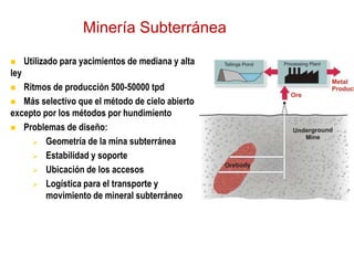 Minería Subterránea
 Utilizado para yacimientos de mediana y alta
ley
 Ritmos de producción 500-50000 tpd
 Más selectivo que el método de cielo abierto
excepto por los métodos por hundimiento
 Problemas de diseño:
 Geometría de la mina subterránea
 Estabilidad y soporte
 Ubicación de los accesos
 Logística para el transporte y
movimiento de mineral subterráneo
 