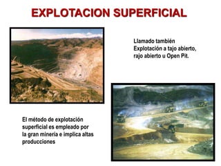 EXPLOTACION SUPERFICIAL
Llamado también
Explotación a tajo abierto,
rajo abierto u Open Pit.
El método de explotación
superficial es empleado por
la gran minería e implica altas
producciones
 