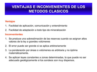 VENTAJAS E INCONVENIENTES DE LOS
METODOS CLASICOS
Ventajas
1. Facilidad de aplicación, comunicación y entendimiento
2. Facilidad de adaptación a todo tipo de mineralización
Inconvenientes
1. Se produce una sobrestimación de las reservas cuando se asignan altos
valores de la ley a grandes volúmenes
2. El error puede ser grande si se aplica arbitrariamente
3. La ponderación por áreas o volúmenes es arbitraria y no óptima
matemáticamente.
4. Se aplican leyes constantes a zonas determinadas, lo que puede no ser
adecuado geológicamente si los sondeos son muy dispersos.
 