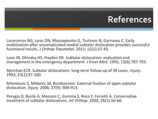 Lasanianos NG, Lyras DN, Mouzopoulos G, Tsutseos N, Garnavos C. Early
mobilization after uncomplicated medial subtalar dislocation provides successful
functional results. J Orthop Traumatol. 2011: 12(1):37-43.
Love JN, Dhindsa HS, Hayden DK. Subtalar dislocation: evaluation and
management in the emergency department. J Emer Med. 1995; 13(6):787-793.
Merchan ECR. Subtalar dislocations: long-term follow-up of 39 cases. Injury.
1992; 23(2):97-100.
Milenkovic S, Mitkovic M, Bumbasirevi. External fixation of open subtalar
dislocation. Injury. 2006; 37(9): 909-913.
Perugia D, Basile A, Massoni C, Gumina S, Rossi F, Ferretti A. Conservative
treatment of subtalar dislocations. Int Orthop. 2002; 26(1):56-60.
 