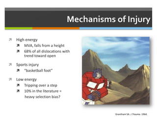 Mechanisms of Injury
 High energy
 MVA, falls from a height
 68% of all dislocations with
trend toward open
 Sports injury
 “basketball foot”
 Low energy
 Tripping over a step
 10% in the literature =
heavy selection bias?
Grantham SA. J Trauma. 1964.
 