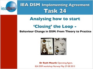 Subtasks of Task XXIV
IEA DSM Implementing Agreement
Task 24
Dr Ruth Mourik Operating Agent,
IEA DSM workshop Norway May 27-28 2013
Analysing how to start
‘Closing’ the Loop -
Behaviour Change in DSM: From Theory to Practice
 