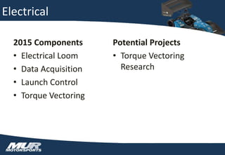 Electrical
2015 Components
• Electrical Loom
• Data Acquisition
• Launch Control
• Torque Vectoring
Potential Projects
• Torque Vectoring
Research
 