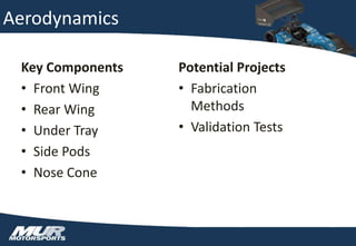 Aerodynamics
Key Components
• Front Wing
• Rear Wing
• Under Tray
• Side Pods
• Nose Cone
Potential Projects
• Fabrication
Methods
• Validation Tests
 