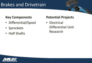 Brakes and Drivetrain
Key Components
• Differential/Spool
• Sprockets
• Half Shafts
Potential Projects
• Electrical
Differential Unit
Research
 