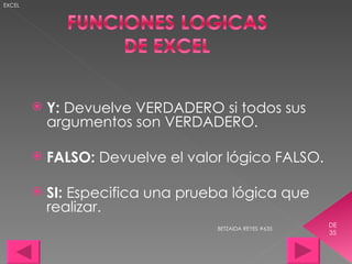 BETZAIDA REYES #635 DE 35 EXCEL Y:  Devuelve VERDADERO si todos sus argumentos son VERDADERO. FALSO:  Devuelve el valor lógico FALSO. SI:  Especifica una prueba lógica que realizar. 