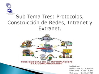 Sub Tema Tres: Protocolos, Construcción de Redes, Intranet y Extranet. Realizado por: América Leyva, C.I: 10.970.337 Cyntia Jaime,    C.I:12.176.872 María Lugo,      C.I: 11.559.414 